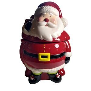 Santa Claus Cookie Jar Vintage Christmas 8" Ceramic Blue Snowflake On Back Cute
